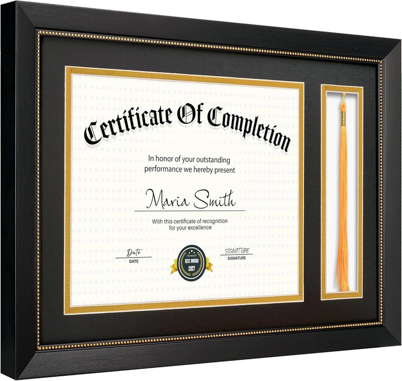 GiftMust 11x16.5 Diploma Frame with Tassel Holder for 8.5x11 Certificate Document, Black Diploma Frame with Real Glass, Black Over Gold Double Mats, Display 8.5x11 diploma and One Tassel - Image 2